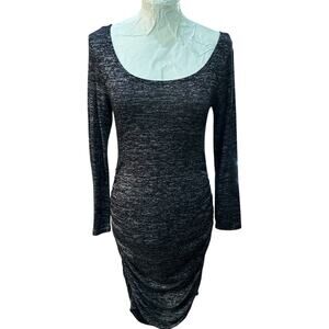 Heather Black Ruched Bodycon Dress Womens SZ L Coquette Long Sleeve Soft Knit